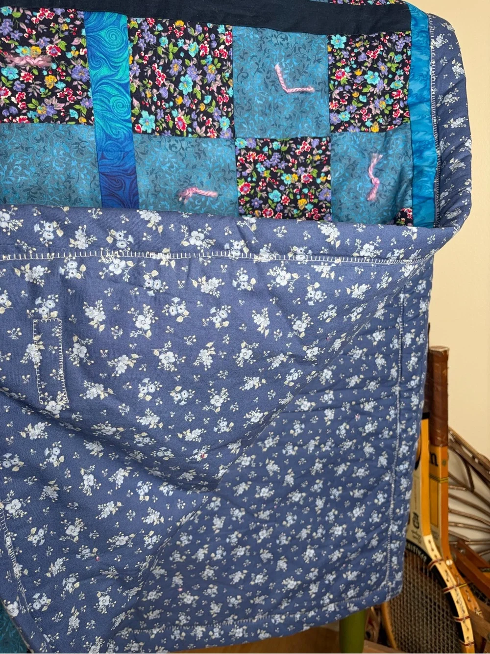 Handmade Blue Floral Patchwork Quilt - Blue